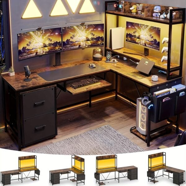 67in L Shaped Desk With File Cabinet&Keyboard Tray,