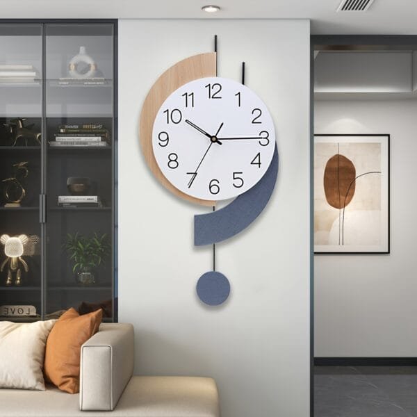 Modern Silent Wall Clock With Wooden Pendulum, Large Arabic Numerals, Linen Fabric Detail, Thickened MDF Board, Hanging Clock For Home Office Decor