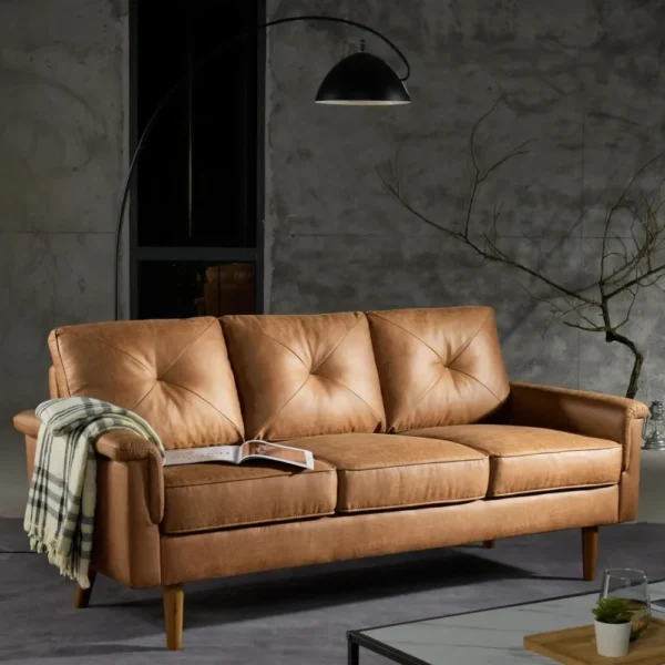 71" Mid-Century Sofa Couch,Faux Leather 3 Seater Sofa w/Key Armrest and Comfortable Cushions,Comfy Deep Seats living room sofas - AliExpress 1503