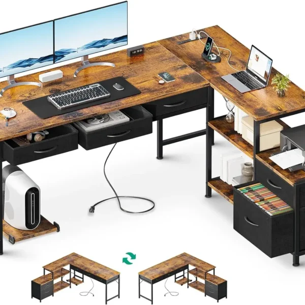 L Shaped Computer Desk with Fabric Drawers and File Cabinet, 61" Reversible Home Office Workstation Desk with Power Outlets - AliExpress 1503