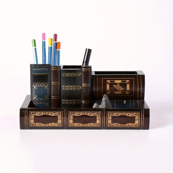 1pc Wooden Book-Shaped Pen Holder And Desktop Storage