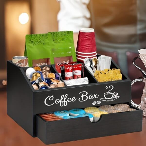 Rustic Farmhouse Coffee Bar Organizer with Drawer - Wooden Storage Rack for Cups, Pods & Accessories - Easy-Clean Countertop Solution