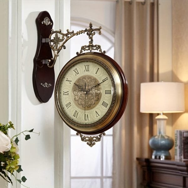 Luxury Double-Sided Bronze Wall Clock with Arabic & Roman Numerals - Silent, Battery-Powered for Living Room and Dining Decor
