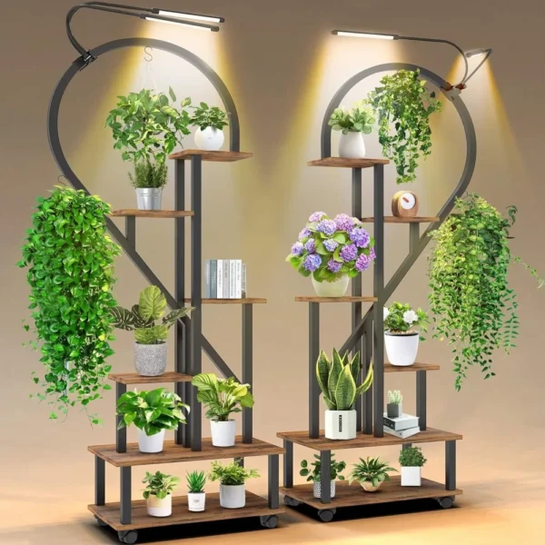 6 Tier Tall Plant Stands Indoor Grow Light, with Wheels, Heart Shaped Ladder Plant Shelf, Large Plant Rack with 4 Hanging Hooks - AliExpress 1503