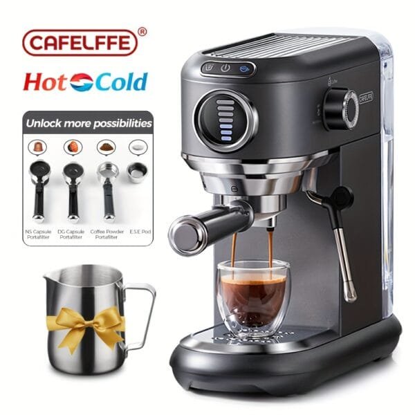 CAFELFFE Cold/Hot Semi-Automatic Espresso Machine, Stainless Steel Multi-Functional Coffee Maker, Compatible With DG Capsules And NES Capsules, 7 Levels Of Water Adjustment, Compatible With ESE Pod.Ideal For Home Gatherings, Offices, And Gift Giving