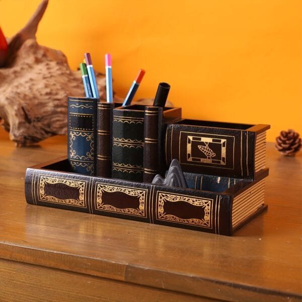 1pc Wooden Painted Classical Style Organizer Holder, Desktop Ornament Storage Container With Pen Holder, Study Ornament, Jewelry Storage Box, Miscellaneous Storage Container, Office Storage