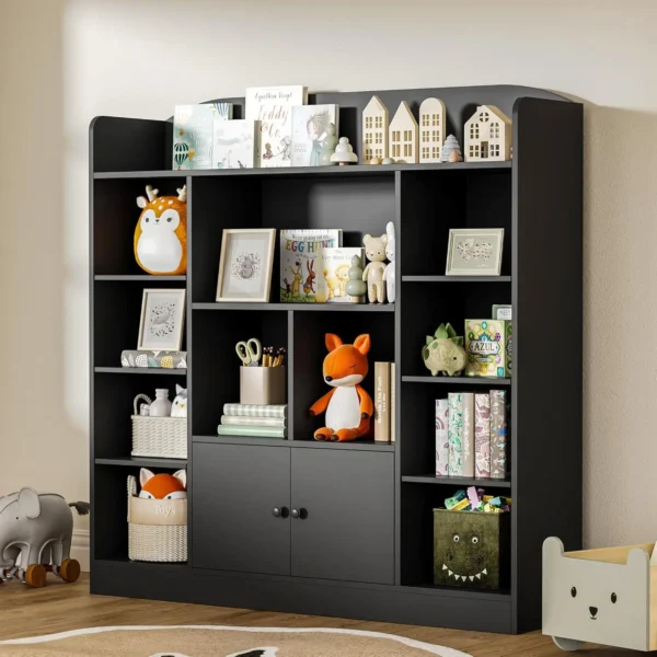Black Kids Bookshelf, Kids Bookcase with 11 Cubbies and 2 Cabinets, Freestanding Book Storage Shelves for Bedroom, Playroom - AliExpress 1503