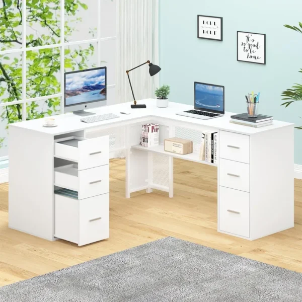 L Shaped Desk with Drawers Shelves