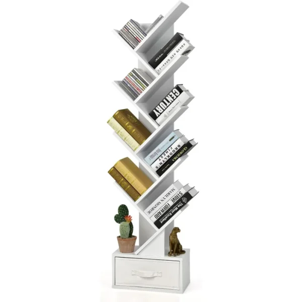 Storage Shelf 10 Shelf Space Saving White Wooden Bookcase Tree Bookshelf With Drawer Bookcases & Cd Racks Book Organizer Living - AliExpress 1503