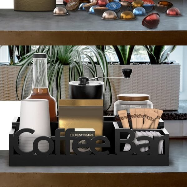 1pc Wooden Coffee Station Organizer, Black Coffee Bar Storage Basket, Kitchen Counter Coffee And Tea Condiment Holder, Coffee Accessories Caddy For Home And Cafe Decor