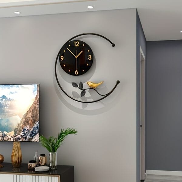 1pc, Wall Clock, Rustic Metal Wall Clock With Golden Bird &amp
