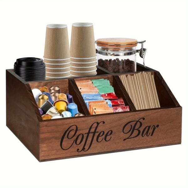 Rustic Brown Wood Coffee Station Organizer - Countertop Pod Holder & Condiment Storage Basket for Coffee and Tea Accessories